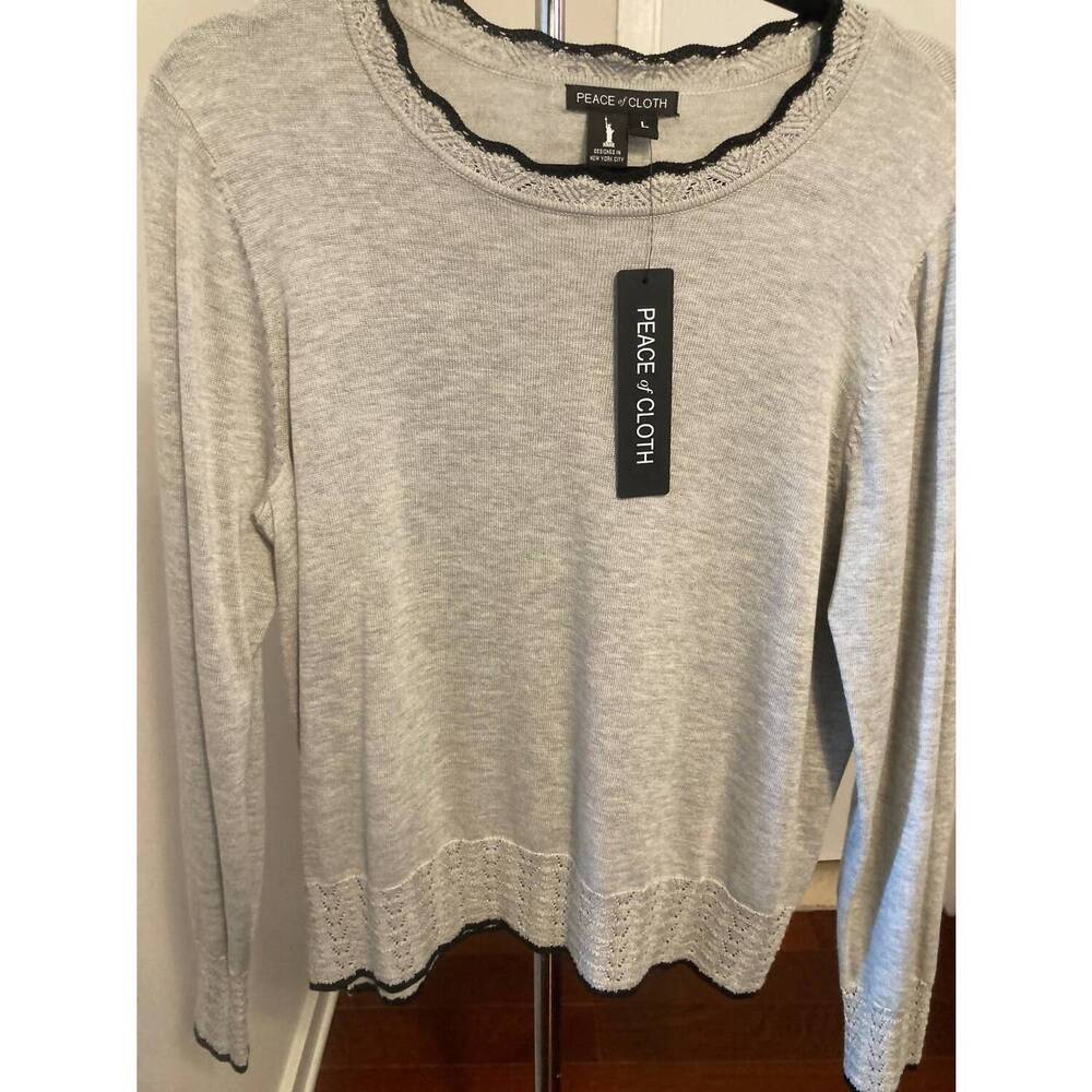 NEW PIECE OF CLOTH women's metal pointelle trimmed bottom sweater in grey